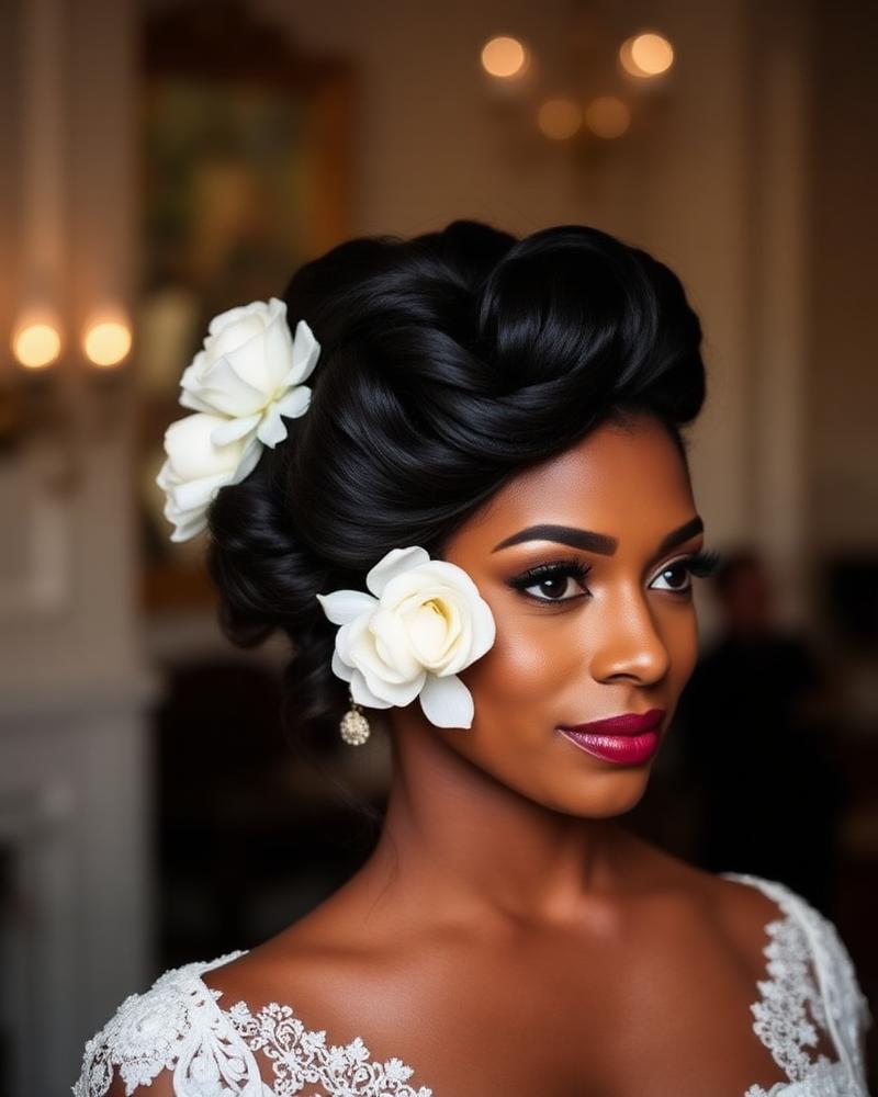 Bridal updo with floral accent
