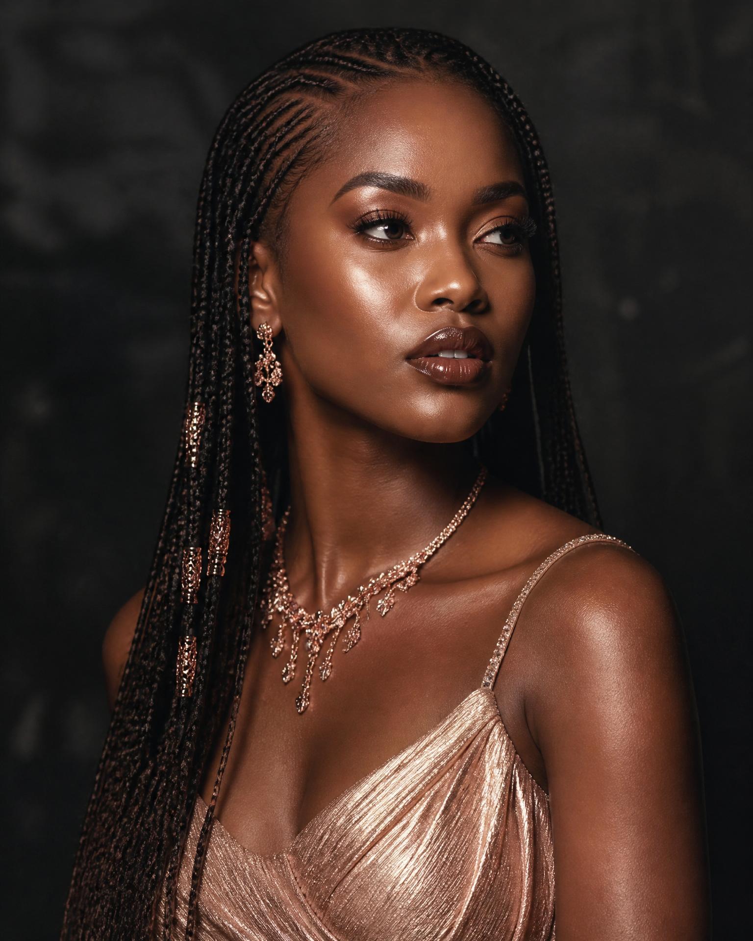 Editorial portrait of a woman with knotless braids