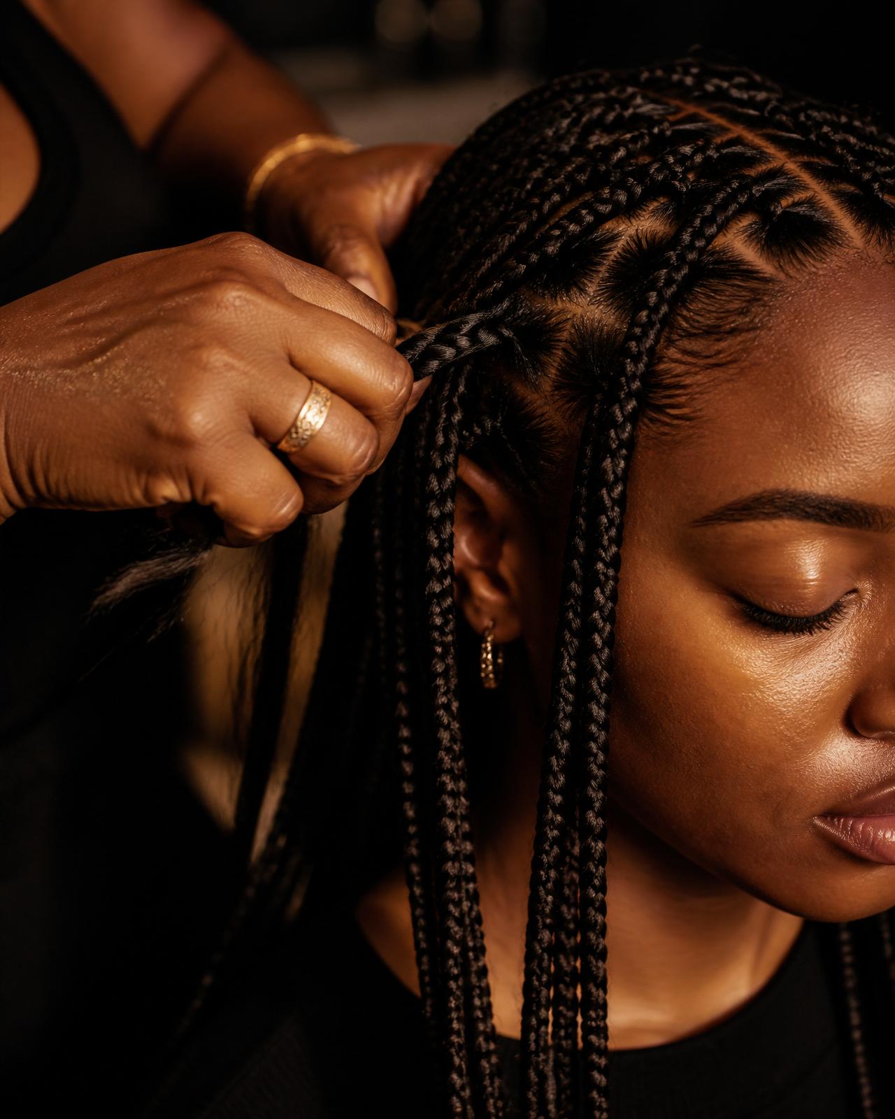 Hands braiding hair in a training session